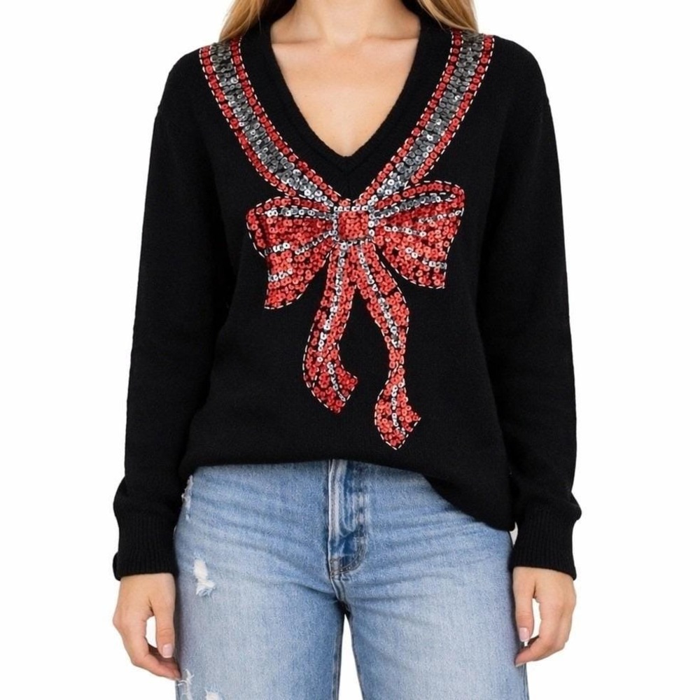 LeChois Angora Silk Blend Sequin Bow Vintage Sweater S Black Glam Luxe Coquette